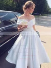 Satin Off-the-shoulder A-line Tea-length Wedding Dresses #UKM00024337