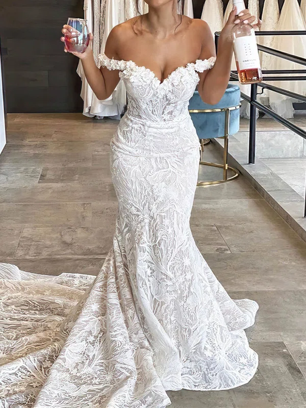 Trumpet/Mermaid Off-the-shoulder Lace Court Train Wedding Dresses With Flower(s) #UKM00024343