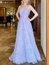 Ball Gown/Princess Floor-length V-neck Lace Tulle Appliques Lace Prom Dresses #UKM020107716