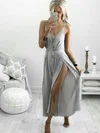 A-line Ankle-length V-neck Silk-like Satin Split Front Prom Dresses #UKM020107731