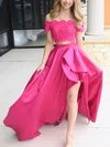 Ball Gown/Princess Sweep Train Off-the-shoulder Satin Beading Prom Dresses #UKM020107732