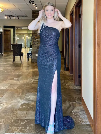 Sheath/Column One Shoulder Glitter Prom Dresses With Ruched #UKM020107734