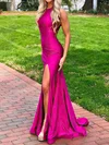 Sheath/Column Sweep Train Scoop Neck Jersey Split Front Prom Dresses #UKM020107735