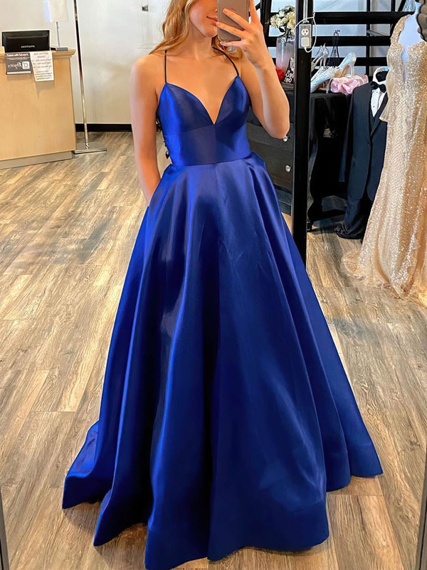 A-line V-neck Satin Sweep Train Pockets Prom Dresses | MillyBridal