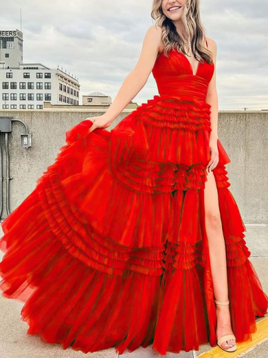 Ball Gown/Princess Sweep Train V-neck Tulle Tiered Prom Dresses #UKM020107743