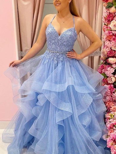 Ball Gown/Princess V-neck Organza Glitter Floor-length Beading Prom Dresses #UKM020107746