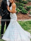 Trumpet/Mermaid V-neck Tulle Sweep Train Appliques Lace Prom Dresses #UKM020107750