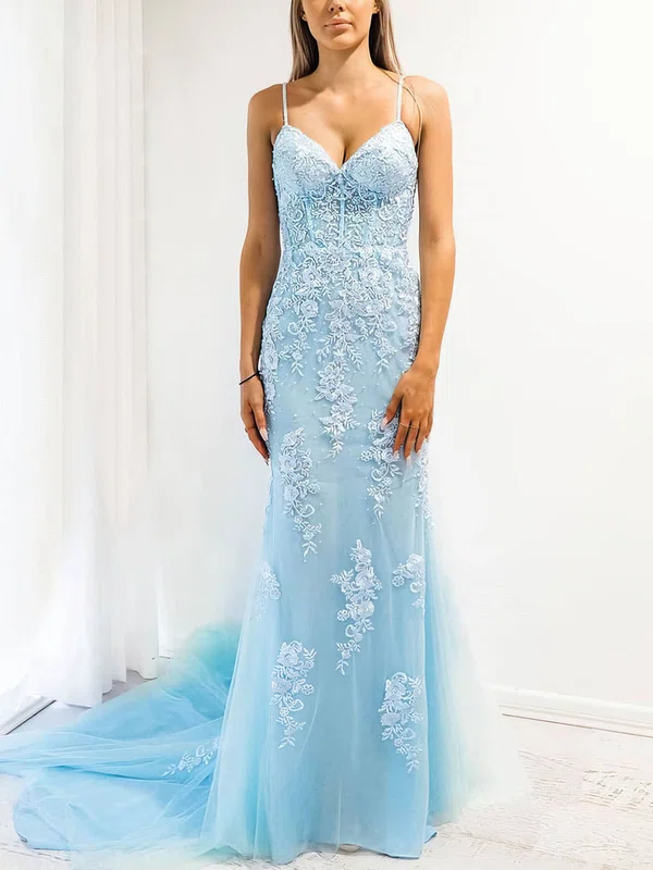 Trumpet/Mermaid V-neck Tulle Court Train Appliques Lace Prom Dresses #UKM020107753