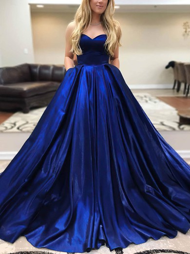 Ball Gown Sweetheart Satin Sweep Train Pockets Prom Dresses #UKM020107758