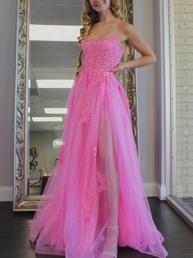Ball Gown/Princess Sweep Train Square Neckline Tulle Appliques Lace Prom Dresses #UKM020107766