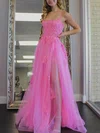 Ball Gown/Princess Sweep Train Square Neckline Tulle Appliques Lace Prom Dresses #UKM020107766