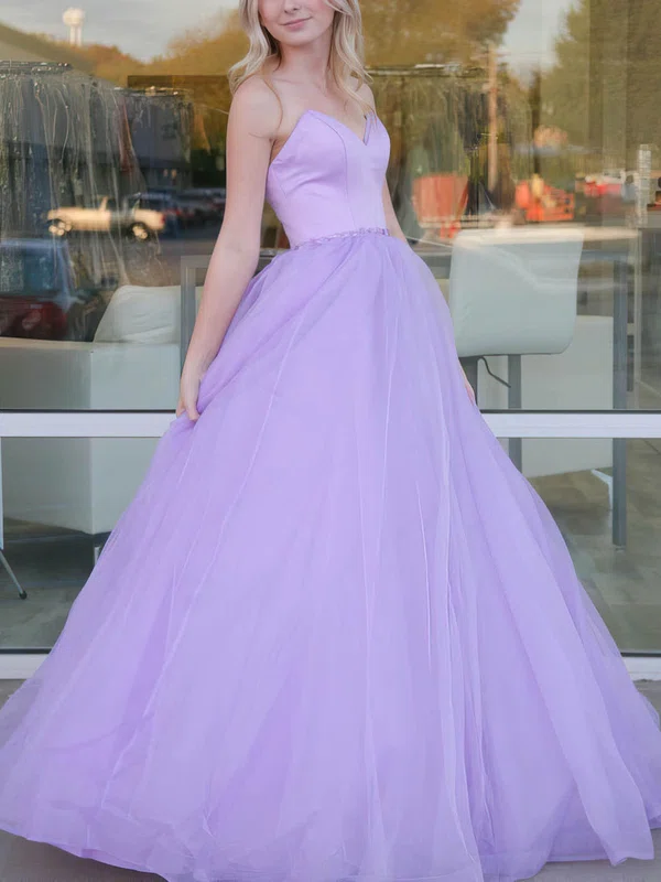 Ball Gown/Princess Floor-length V-neck Satin Organza Beading Prom Dresses #UKM020107767