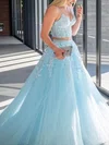 Ball Gown V-neck Tulle Sweep Train Appliques Lace Prom Dresses #UKM020107770