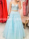 Ball Gown V-neck Tulle Sweep Train Appliques Lace Prom Dresses #UKM020107770