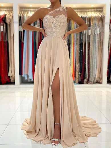 A-line One Shoulder Chiffon Prom Dresses With Appliques #UKM020107774