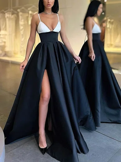 A-line V-neck Satin Sweep Train Split Front Evening Dresses PT020107781
