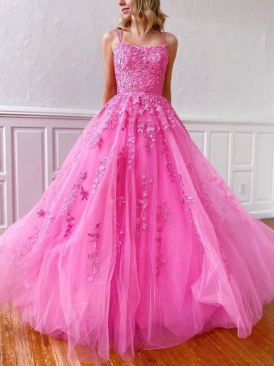 Ball Gown Scoop Neck Tulle Sweep Train Appliques Lace Prom Dresses #UKM020107786