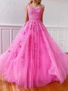 Ball Gown Scoop Neck Tulle Sweep Train Appliques Lace Prom Dresses #UKM020107786