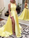 Ball Gown/Princess Sweep Train Scoop Neck Satin Beading Prom Dresses #UKM020107792