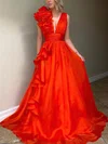 Ball Gown/Princess Sweep Train V-neck Organza Flower(s) Prom Dresses #UKM020107796