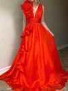 Ball Gown/Princess Sweep Train V-neck Organza Flower(s) Prom Dresses #UKM020107796