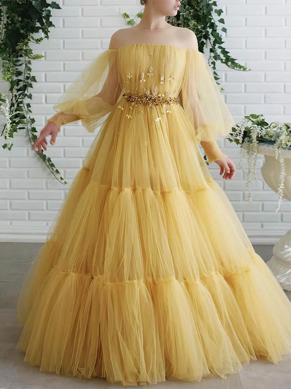 Ball Gown/Princess Floor-length Illusion Tulle Long Sleeves Beading Prom Dresses #UKM020107586