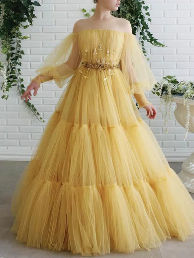Ball Gown Illusion Puff Sleeve Tulle Prom Dresses With Appliques #UKM020107586