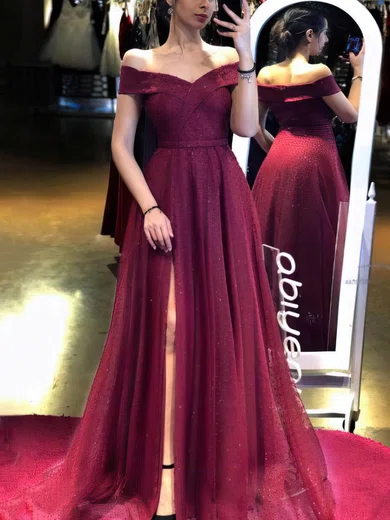 Ball Gown Off-the-shoulder Tulle Prom Dresses With Split #UKM020107590