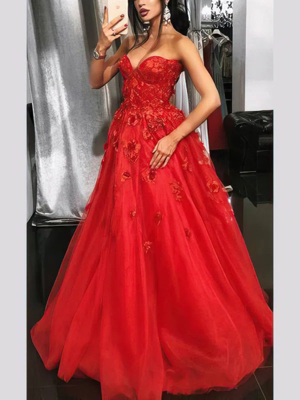 Ball Gown/Princess Floor-length Sweetheart Tulle Appliques Lace Prom Dresses #UKM020107591