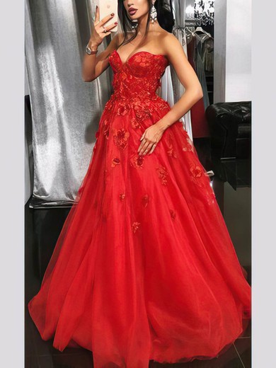 Ball Gown/Princess Floor-length Sweetheart Tulle Appliques Lace Prom Dresses #UKM020107591
