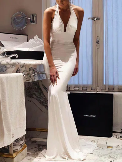 Sheath/Column Sweep Train Halter Jersey Elegant Prom Dresses #UKM020107597