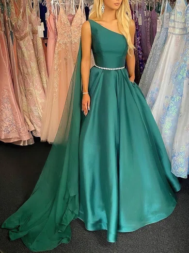 Satin One Shoulder A-line Sweep Train Beading Prom Dresses #UKM020107606