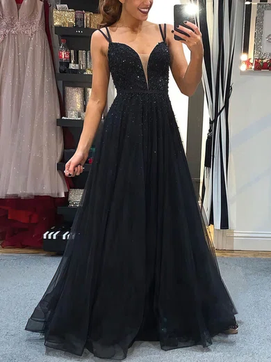 Tulle V-neck A-line Sweep Train Beading Prom Dresses #UKM020107616
