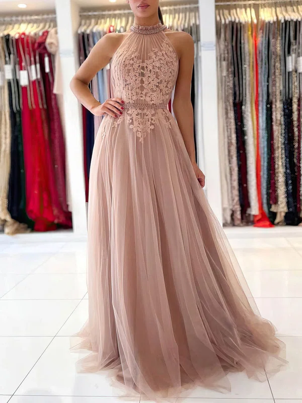 Ball Gown/Princess Floor-length High Neck Tulle Beading Prom Dresses #UKM020107619