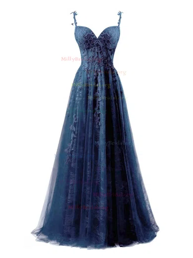 Dark Navy Appliques Tulle Long A-line Beaded Prom Dresses Dark Navy Appliques Tulle Long A-line Beaded Prom Dresses