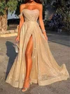 Ball Gown/Princess Sweep Train One Shoulder Glitter Cap Sleeves Ruffles Prom Dresses #UKM020107621