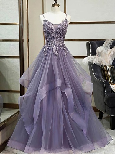 Tulle V-neck A-line Sweep Train Appliques Lace Prom Dresses #UKM020107628