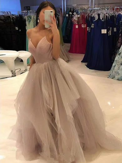 Tulle V-neck A-line Sweep Train Sequins Prom Dresses #UKM020107629