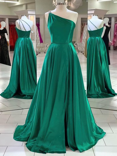 Silk-like Satin One Shoulder A-line Sweep Train Split Front Prom Dresses #UKM020107630