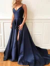 Ball Gown/Princess Sweep Train V-neck Satin Split Front Prom Dresses #UKM020107635