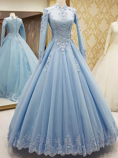 Satin High Neck Ball Gown Sweep Train Appliques Lace Prom Dresses #UKM020107637