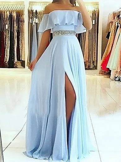 A-line Off-the-shoulder Chiffon Sweep Train Beading Prom Dresses #SALEUKM020107638
