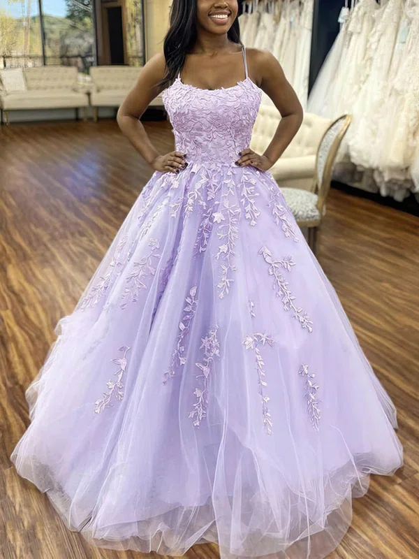 Ball Gown/Princess Sweep Train Scoop Neck Tulle Appliques Lace Prom Dresses #UKM020107643