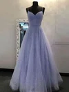 Glitter V-neck A-line Sweep Train Beading Prom Dresses #UKM020107644