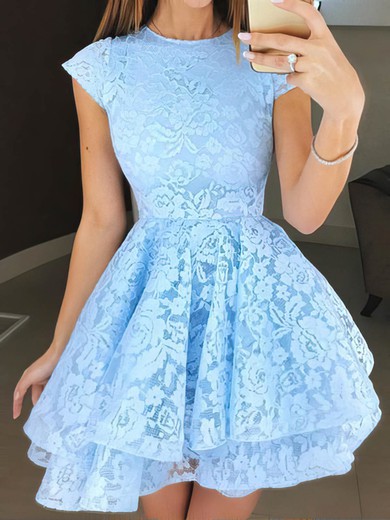 A-line Scoop Neck Lace Short/Mini Tiered Short Prom Dresses #UKM020107654