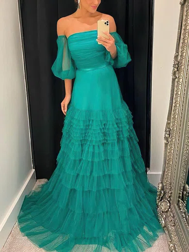 Ball Gown/Princess Sweep Train Off-the-shoulder Tulle 1/2 Sleeves Tiered Prom Dresses #UKM020107664
