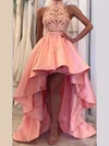 Silk-like Satin High Neck A-line Asymmetrical Appliques Lace Prom Dresses #UKM020107668