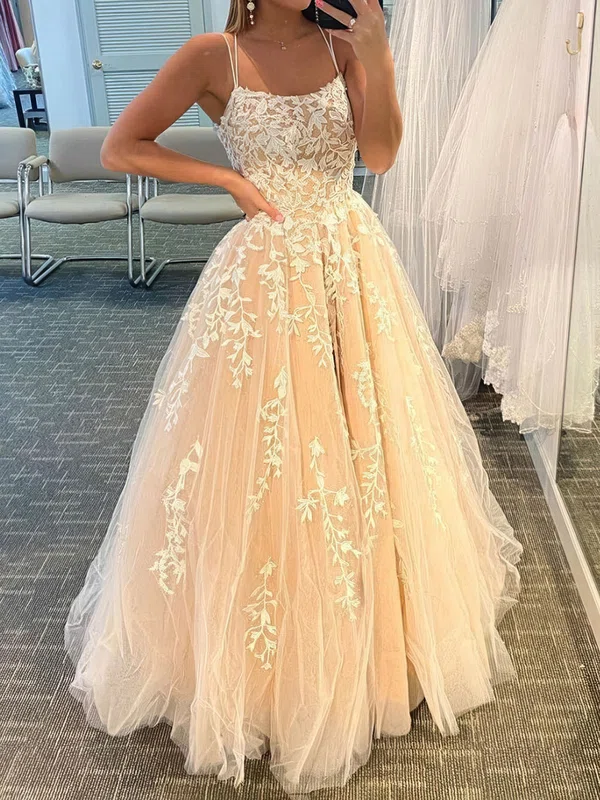 Ball Gown Scoop Neck Tulle Sweep Train Appliques Lace Prom Dresses #UKM020107669