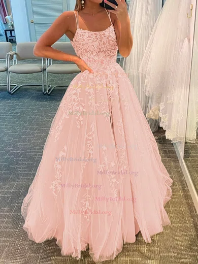 Ball Gown Scoop Neck Tulle Sweep Train Appliques Lace Prom