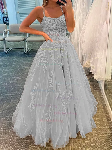 Gray Scoop Tulle Prom Dresses, V-Back Lace Prom Dresses, Bridesmaid Dress